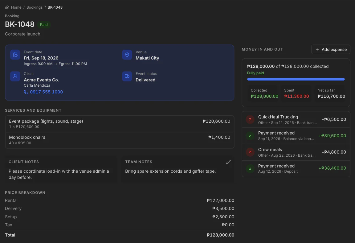 A booking with its items, total, and the payments and costs recorded against it