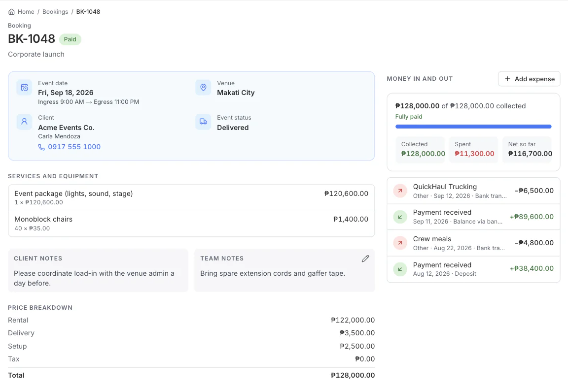 A booking with its items, total, and the payments and costs recorded against it